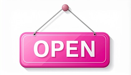 Pink 'Open' sign hanging, welcoming customers to a business, shop, or store. Bright and inviting vector illustration for retail, commerce, and service industries.