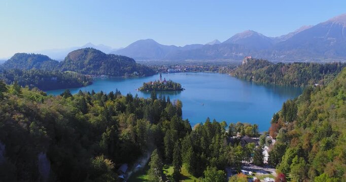 Drone view of Lake Bled island from above