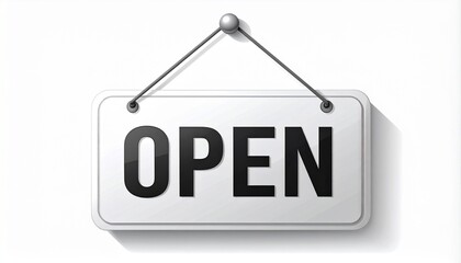 Open sign hanging on a white wall, welcoming customers to a business, shop, or store. Retail, commerce, and service concept.
