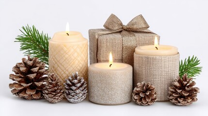 Festive Holiday Display Warm Candlelight Illuminates Sparkling Pinecones and Gift Boxes