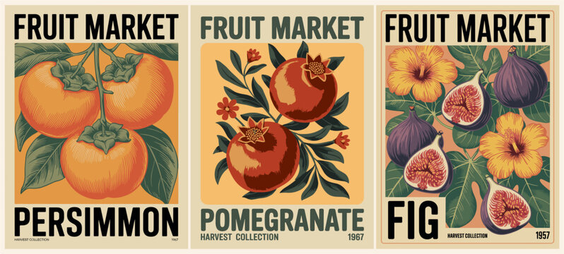 Retro triptych of three fruit market posters featuring persimmon pomegranate and fig designs in mid-century modern style.