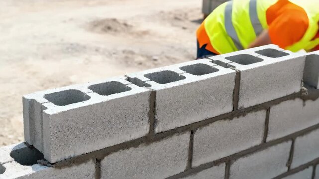 Construction worker gently fitting together lightweight aerated hollow building blocks in a medium shot illustrating ergonomic handling and simple interlocking mechanics.
