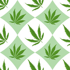 Vector seamless pattern with green cannabis leaves arranged in a geometric diamond grid on a light background, suitable for packaging, textiles, and medical design.