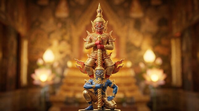 Thai Mythological Yaksha Totem Sculpture: Red and Blue Guardian Figures in Ornate Gold Armor on Temple Background