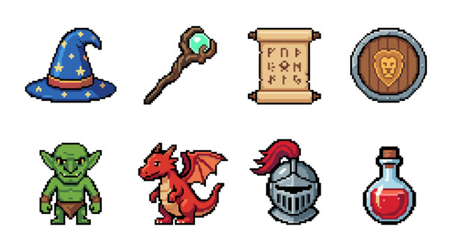 Pixel art fantasy RPG game icons collection