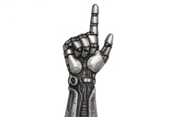 Robotic hand and arm pointing finger up, symbolizing innovation, progress, selection, or a future direction, transparent background
