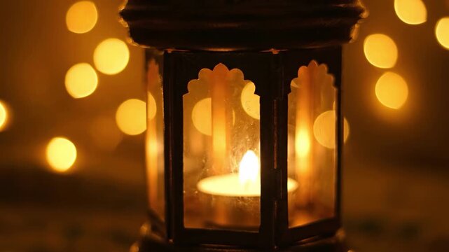 Close-up of a decorative lantern with a lit candle inside, surrounded by warm, out-of-focus lights, creating a cozy and festive atmosphere.