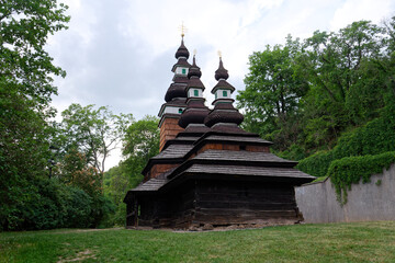 Wooden orthodox Carpathian Ruthenian Church of the Saint Michael Archangel at Kinsky Gardens, Petrin, Prague, Czech Republic