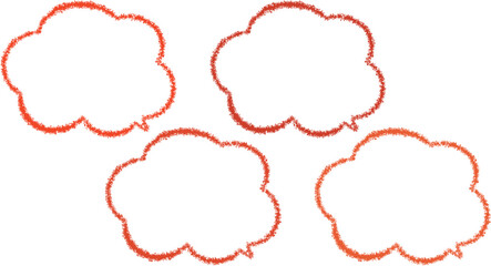Fototapeta premium 少しずつ異なった色の雲の形をした吹き出しセット。オレンジ色、黄色、１枚に４色ある吹き出し。クレヨンで描いたようなふきだし。