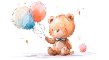 Cute teddy bear holding balloons