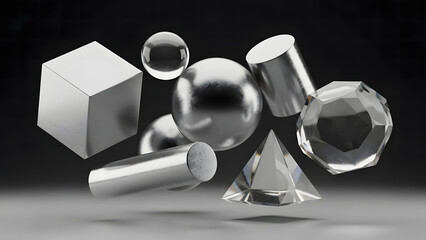 Abstract 3D Geometric Shapes with Metallic and Glass Textures on Dark Background