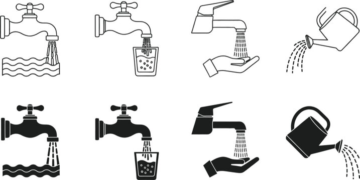 Collection of four faucet and watering can icons illustrating water flow and usage in various scenarios