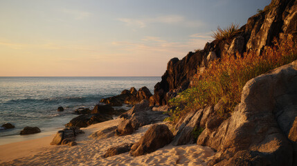 Serene coastal landscape showcasing a sandy beach meeting rocky cliffs under the warm glow of the setting sun in a tranquil seaside location at dusk.