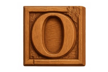 Wood letter o in a square block featuring a carved design and natural wood grain texture with a rustic finish