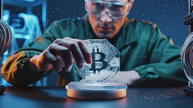 Cryptocurrency miner examines physical bitcoin coin with mining rig. Miner inspects bitcoin for blockchain technology and digital asset investment. Crypto mining operation with bitcoin coin display.