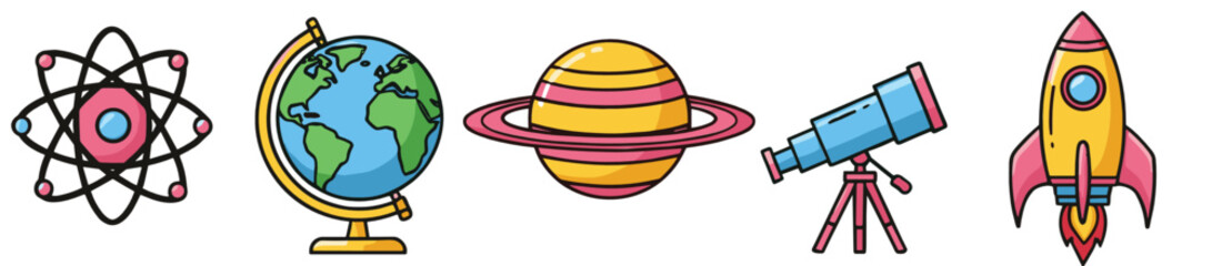 Science and Space Education Icons Set with Atom Globe Planet Telescope and Rocket in Flat Cartoon Vector Illustration Style © Sumon Creative