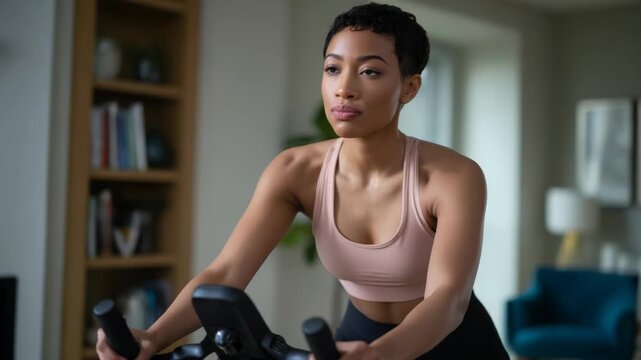 Young Woman Exercising on Stationary Bike Indoors During Workout Session at Home