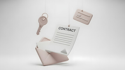 The symbolic representation of contract, keys and payment for the new property. The image provides an illustrative visual metaphor for transactions, agreements and secure ownership.