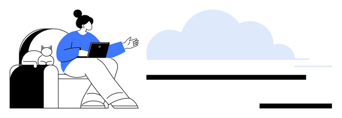 Remote work, digital communication, work-life balance, home office, cloud technology, lifestyle. Woman on sofa using laptop next to a cat. Remote work and digital communication concept