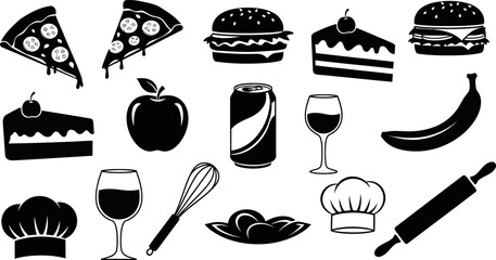 Black and white food and drink icons on transparent background © Afia