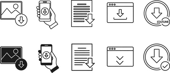 Collection of download icons depicting digital content transfer and file saving across devices and platforms