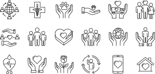 Line style charity and social care icons set with people, hands, hearts, healthcare and community support symbols isolated