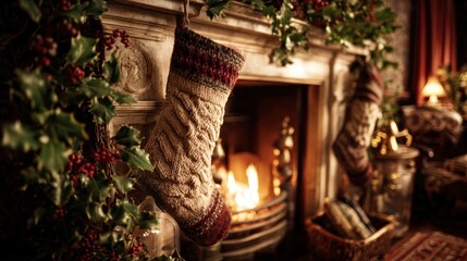 warm fireplace decorated with holly and Christmas stockings
