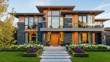 Luxurious contemporary two-story house with elegant architecture.