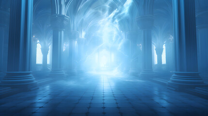Ornate palace hallway floor with soft blue glow through rising fog