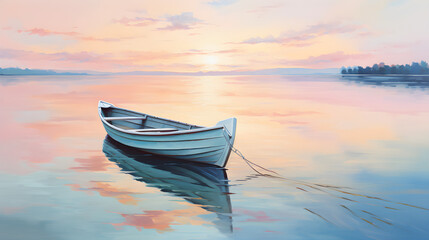 Fototapeta premium Painted rowboat in pastel colors floating on tranquil lake at sunrise