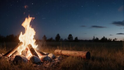 Campfire Burning Brightly in a Field at Dusk.