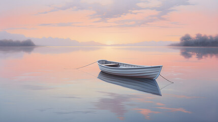 Painted rowboat in pastel colors floating on tranquil lake at sunrise