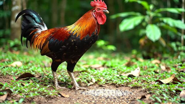 Vibrant rooster foraging for food in lush green forest environment