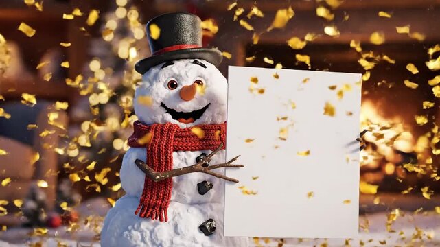 Snowman holding blank sign against festive background with bokeh lights