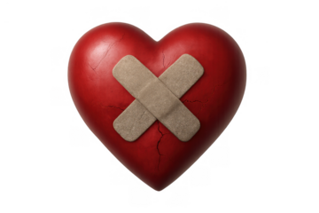 Red heart showing cracks and two crossed adhesive bandages, representing broken love, emotional pain, recovery, and inner strength