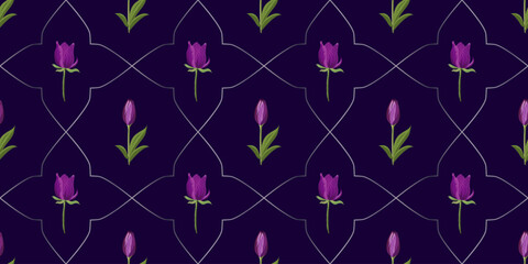 Vector seamless pattern with violet and lilac flowers in a geometric layout on a dark purple background. Ideal for fabric, wallpaper, packaging, stationery, and surface design.
