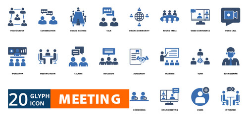 meeting icon set with focus group, conversation, board meeting, talk, online community, round table, 
video conference, video call, workshop, meeting  room, talking, discussion, agreement, training