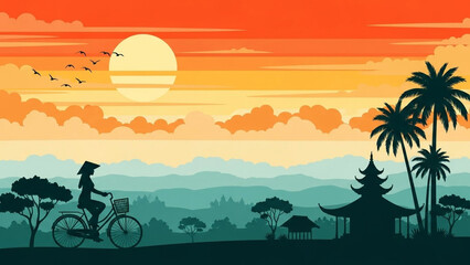 Vibrant Sunset over a Serene Asian Landscape with a Cyclist and Traditional Architecture