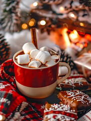 Winter holiday still life with marshmallow on rustic wood slice, lit candle and pine cones in soft bokeh