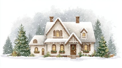 Cozy White Winter Home Amidst Falling Snow and Evergreen Trees With Warmly Lit Windows