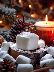 Macro shot of marshmallows covered in powdered sugar with holiday mug and candle in warm bokeh
