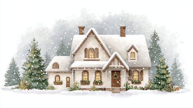 Cozy White Winter Home Amidst Falling Snow and Evergreen Trees With Warmly Lit Windows