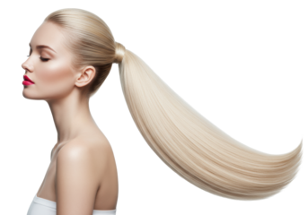 Young caucasian woman, late 20s, flawless skin, long platinum blonde hair, sleek high ponytail, serene expression, white studio background, copy space, high-end beauty advertising concept