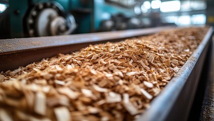 A close-up view of wood chips on a conveyor belt in a processing facility, showcasing the texture and details of the wood material.
