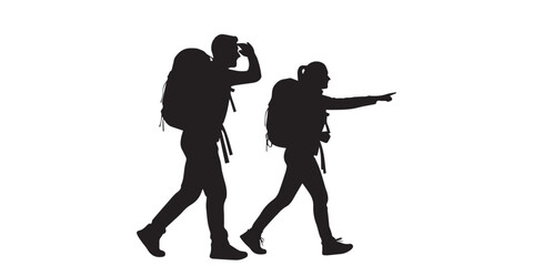 Set of hiker silhouettes with large backpacks and trekking poles, black vector image of male and female tourists walking, standing, and greeting on white background.