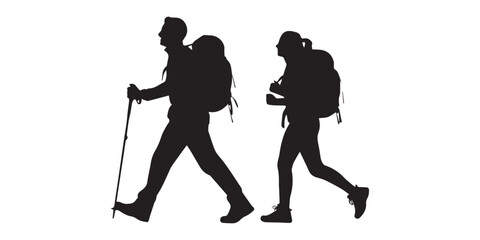 Obraz premium Set of hiker silhouettes with large backpacks and trekking poles, black vector image of male and female tourists walking, standing, and greeting on white background.