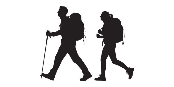 Set of hiker silhouettes with large backpacks and trekking poles, black vector image of male and female tourists walking, standing, and greeting on white background.