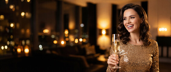 Happy woman in a gold sequin dress holding a glass of champagne at a luxury party. Smiling female toasting to New Year 2026 with copy space and city lights background.