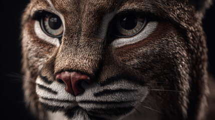 Close-up of a lynx face in great detail, with focus on the eyes and nose, revealing intricate fur patterns and textures against a dark, seamless background.