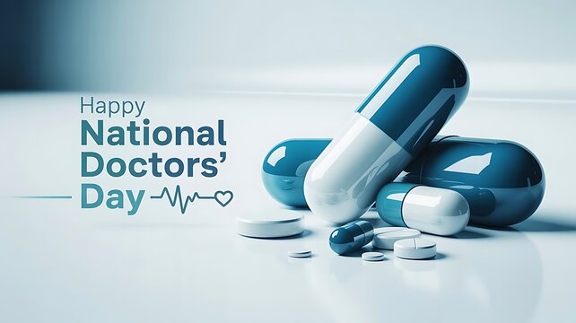 Happy national doctors day greeting with blue medicine capsules